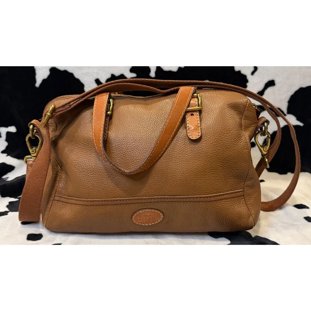 Fossil Brown Pebbled Leather Satchel Crossbody Bag Brass Hardware Handbag